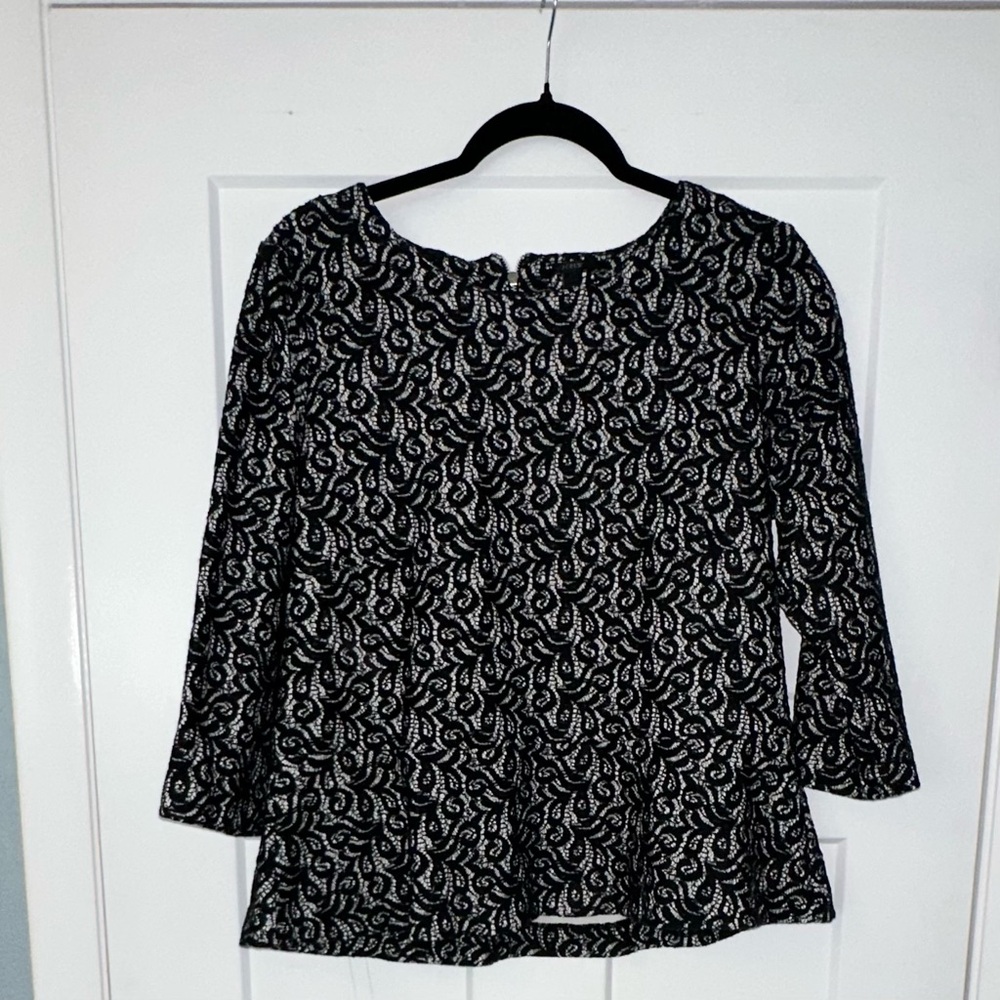 J. Crew Women's Black Lace Overlay Peplum Top with 3/4 sleeve - L